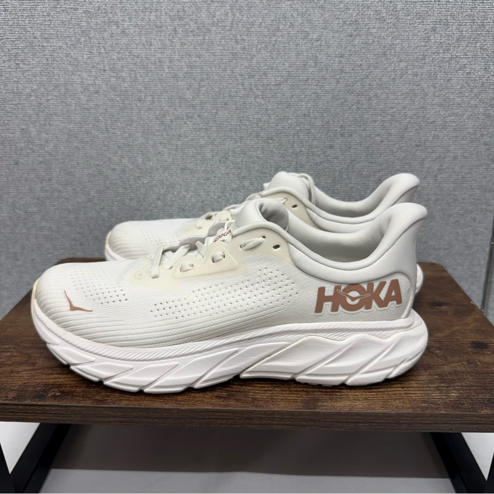 Hoka One One Women's Cream White Athletic Shoes with Tan Logo - Picture 2 of 7